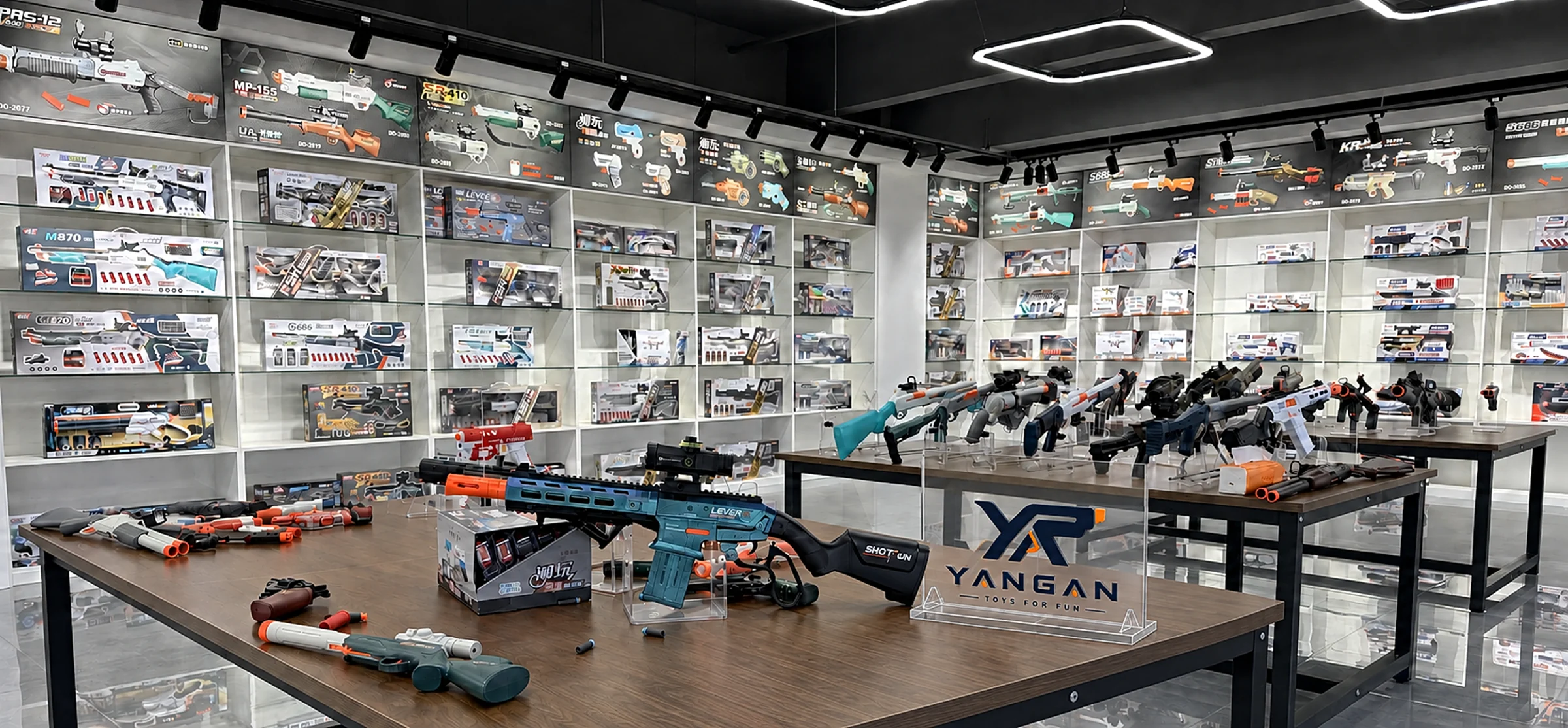 Inside the YANGAN TOYS showroom in Chenghai, with toy blaster ranges on display